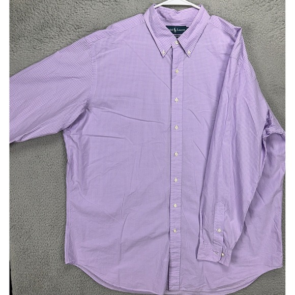 Ralph Lauren Men Dress Shirt 18.5 37-37 Tall Purple White Plaid Pony Classic Fit
